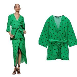 ZARA size small green dot print top. Linen blend, 3/4 length sleeves